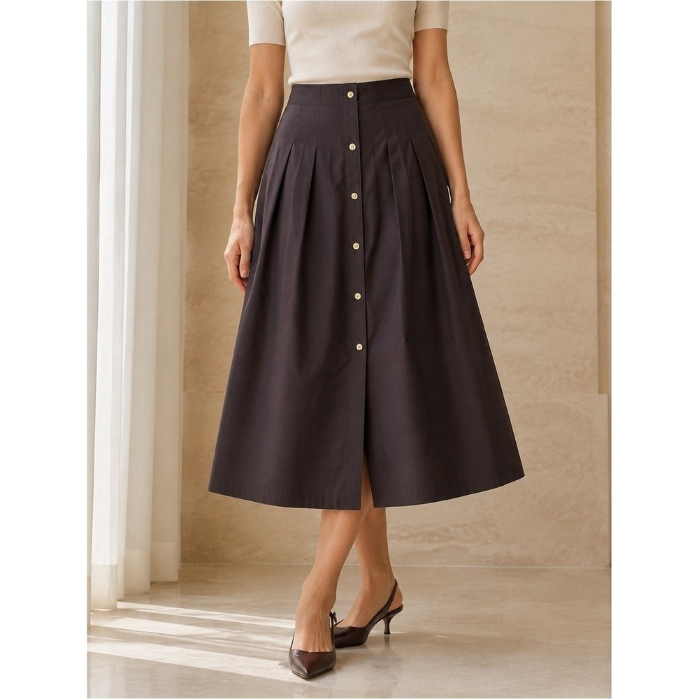 Michael Kors Classic A-Line Midi Skirt Dark Brown Front Buttons Size Large NWT